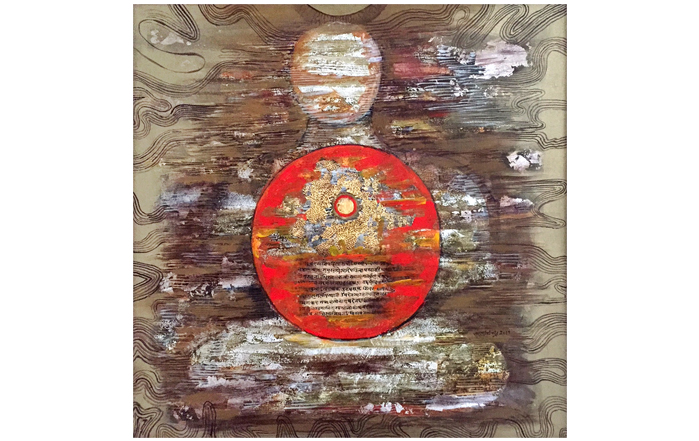 SC21 
Dhyan - Meditation 
Mixed media, Gold and Silver foil on canvas 
24 x 24 inches 
Unavailable (Can be commissioned)